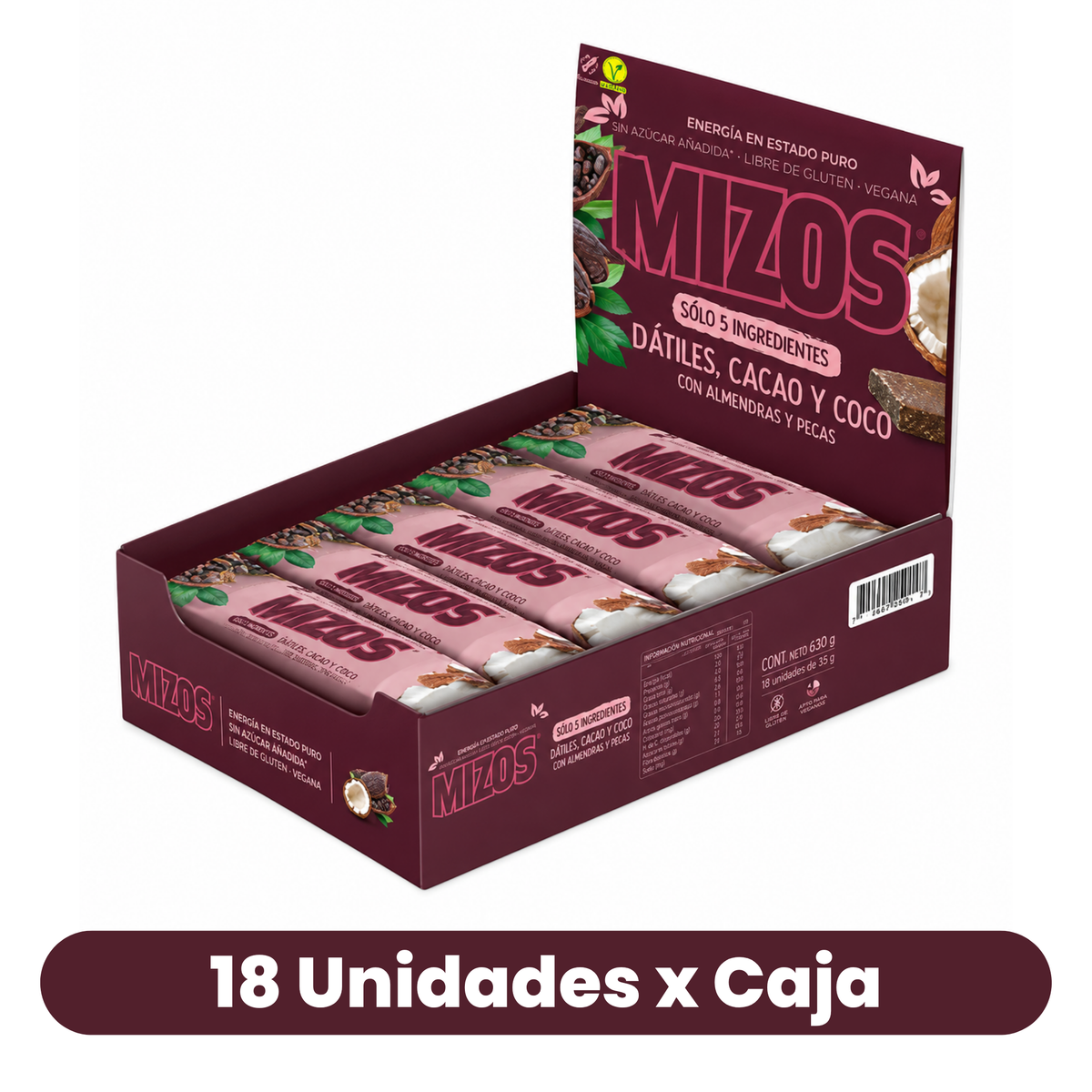 Barritas Mizos Dátiles Cacao Y Coco 18 Un de 35 g