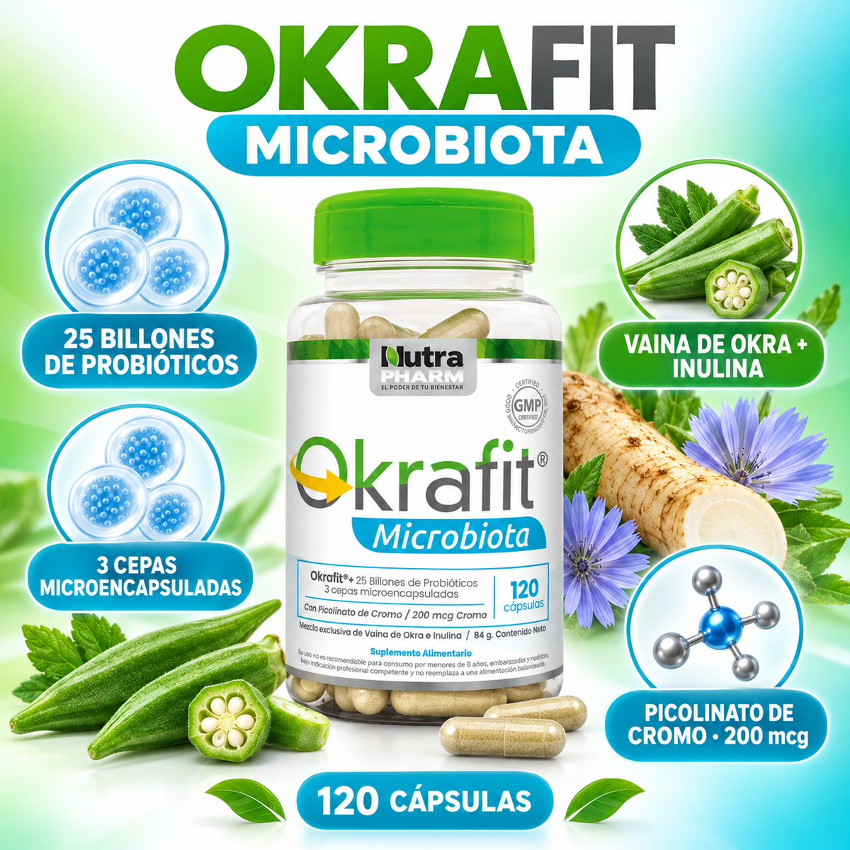 Quemador de Grasa Okrafit Microbiota Probiotix Nutrapharm 120 Cáps
