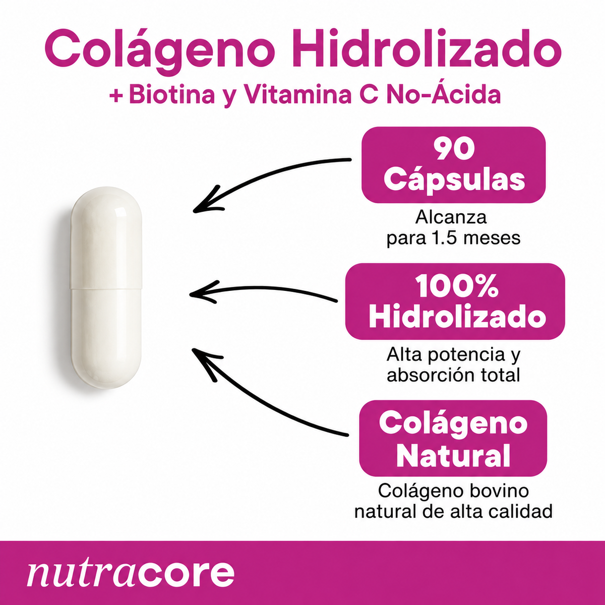 Péptidos de Colágeno con Biotina y Vitamina C Nutracore 90 Cáps