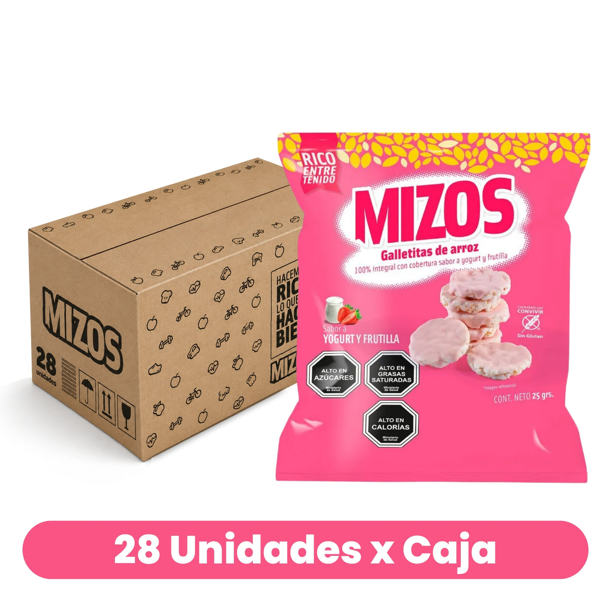 Galletas de Arroz con Cobertura de Yogurt Frutilla Mizos Caja 28 Un de 25 g