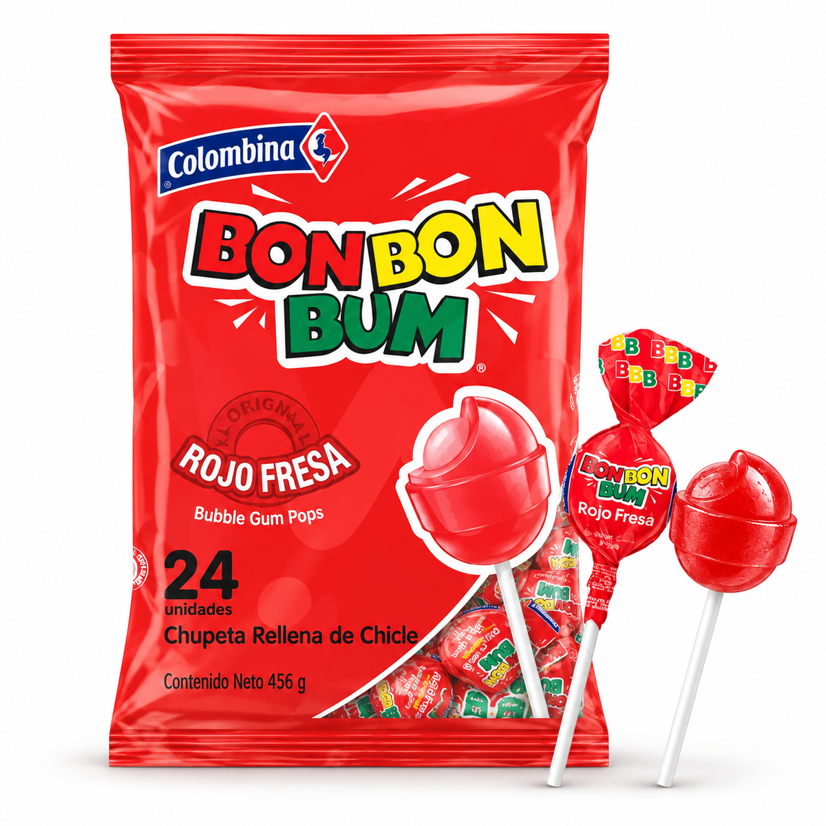 Chupete de Caramelo Bon Bon Bum Sabor Fresa Bolsa 24 Un