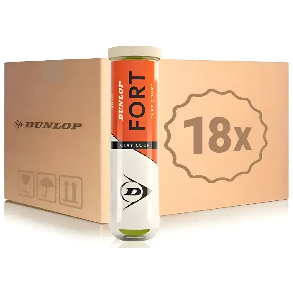 Pack x18 Tarro Pelotas de Tenis Dunlop Fort Clay 4 Unidades, la pelota oficial del wta premier mandatory roma y el torneo premier 5 madrid.