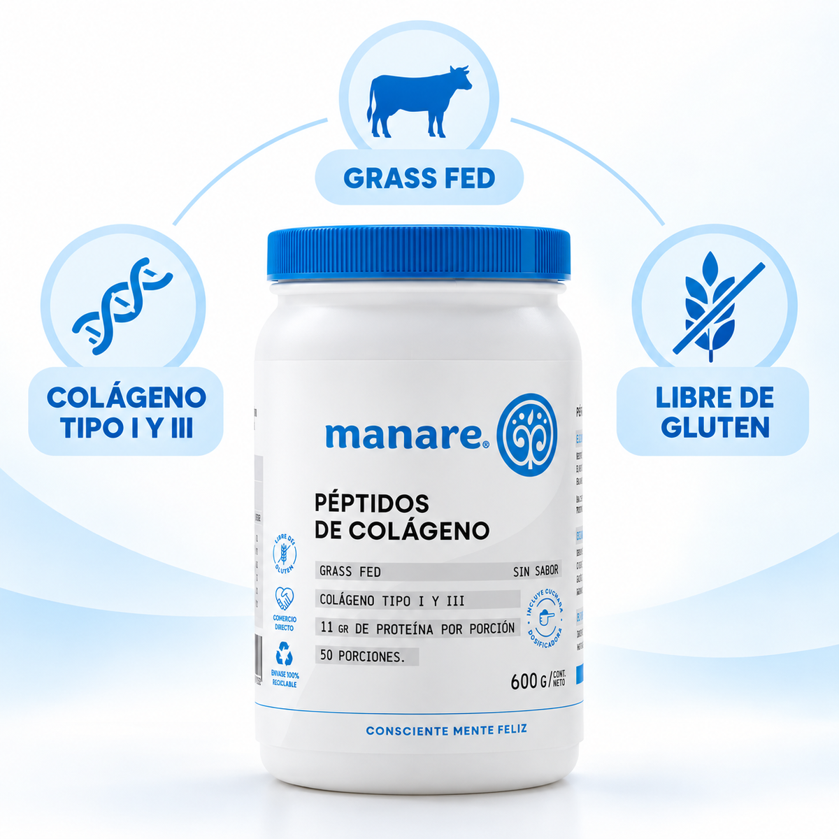Péptidos de Colágeno en Polvo Manare Sin Sabor 600 g