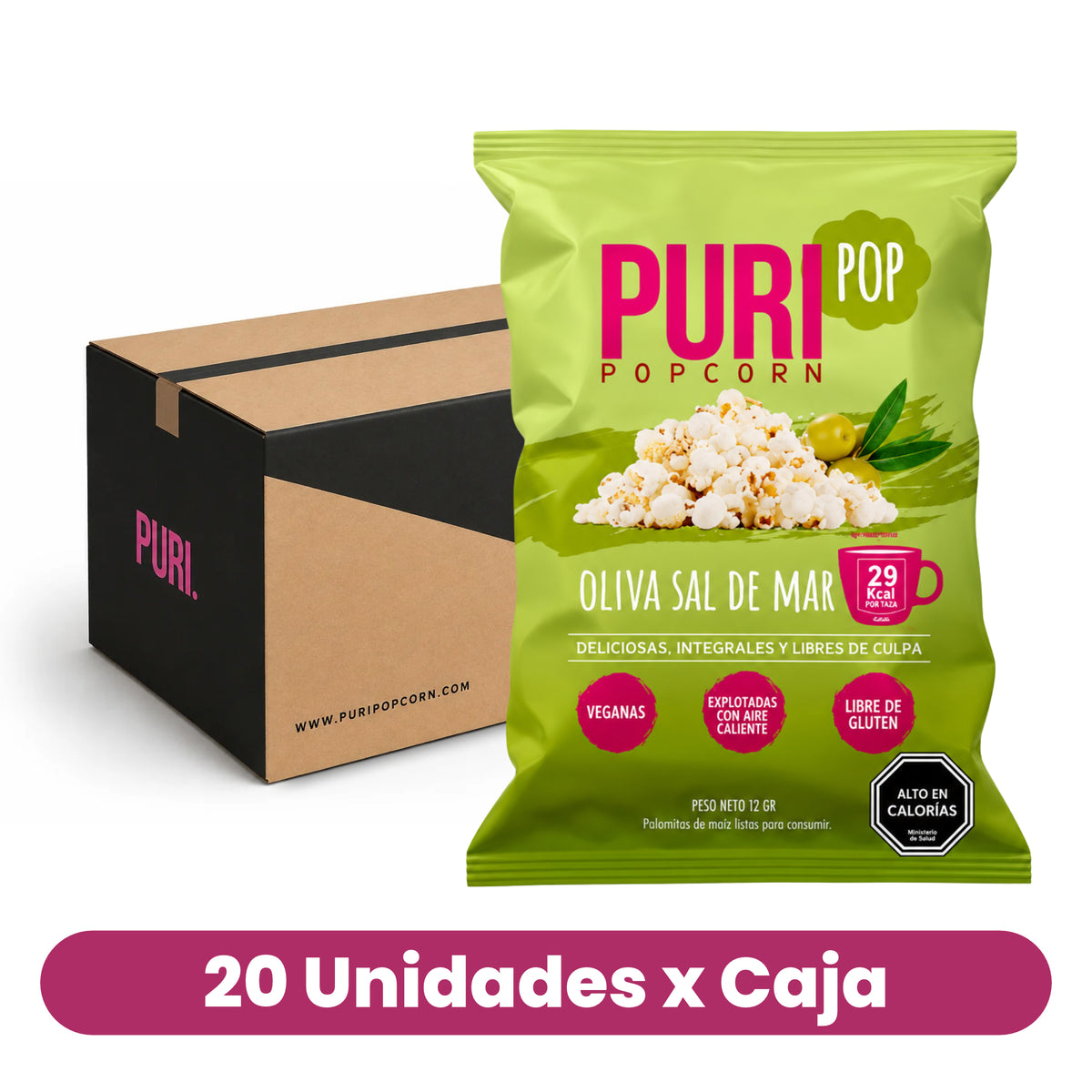 Popcorn Oliva Sal De Mar Vegano Sin Gluten Puri Caja 20 Un de 12 g
