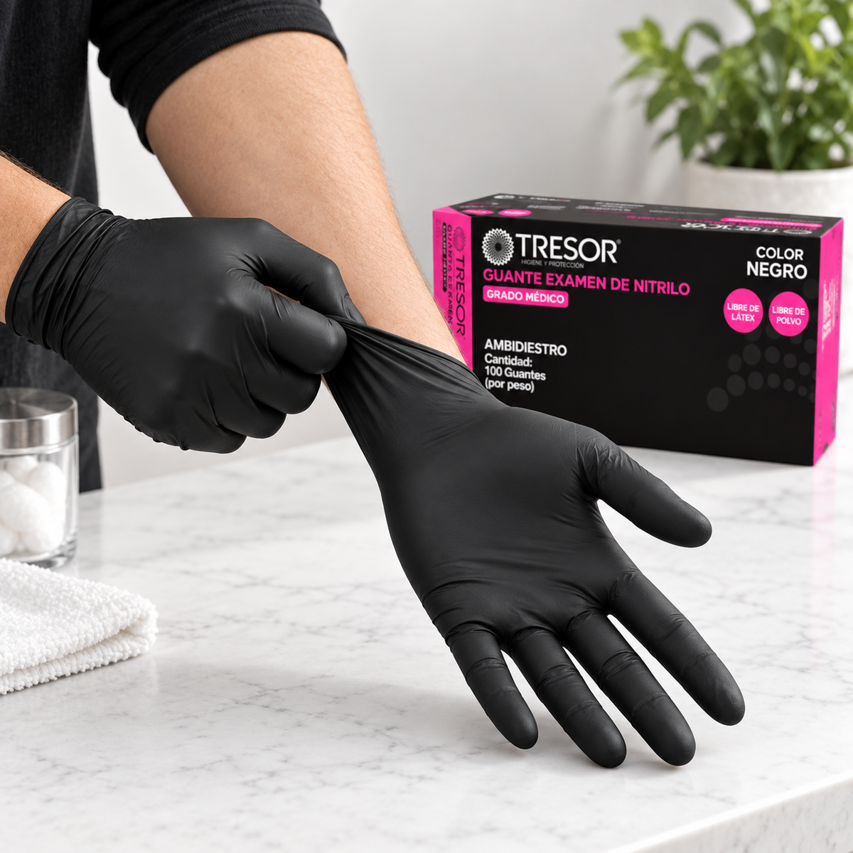Guantes de Nitrilo Texturizados Tresor Negro Talla S-M-L 100 Un