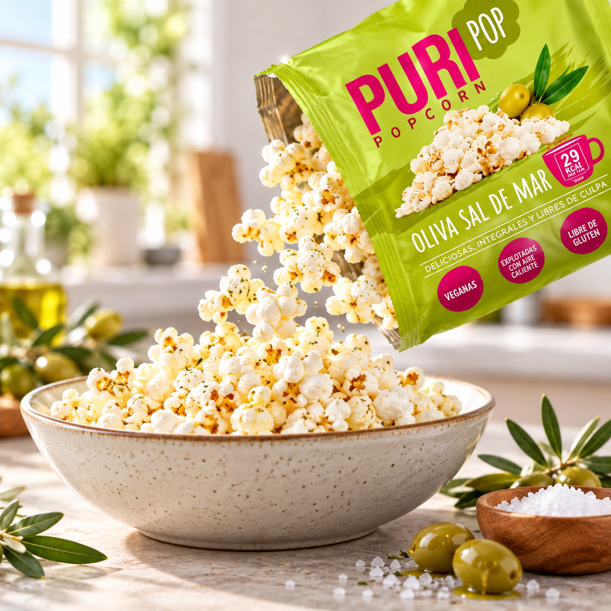 Popcorn Oliva Sal De Mar Vegano Sin Gluten Puri Caja 20 Un de 12 g
