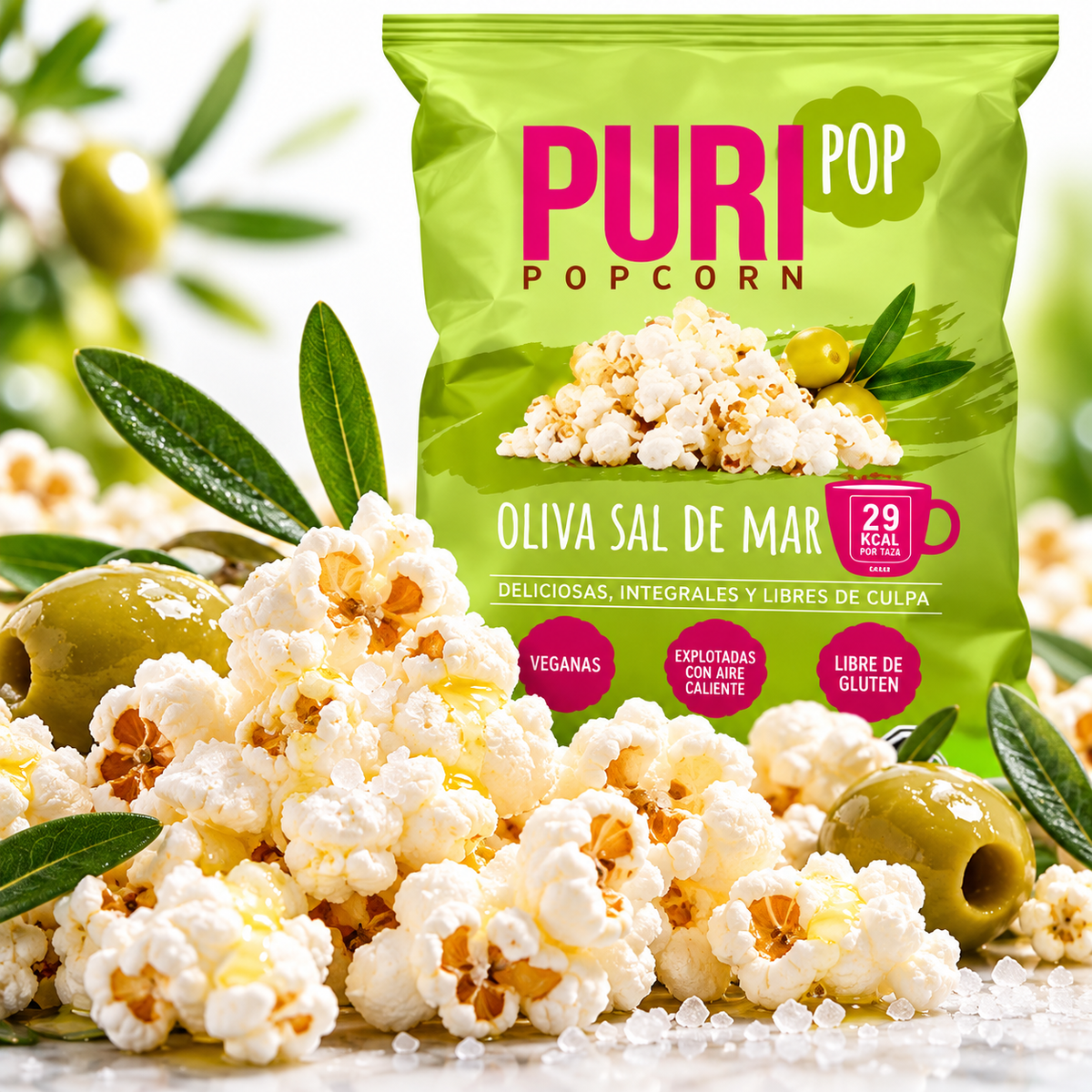 Popcorn Oliva Sal De Mar Vegano Sin Gluten Puri Caja 20 Un de 12 g