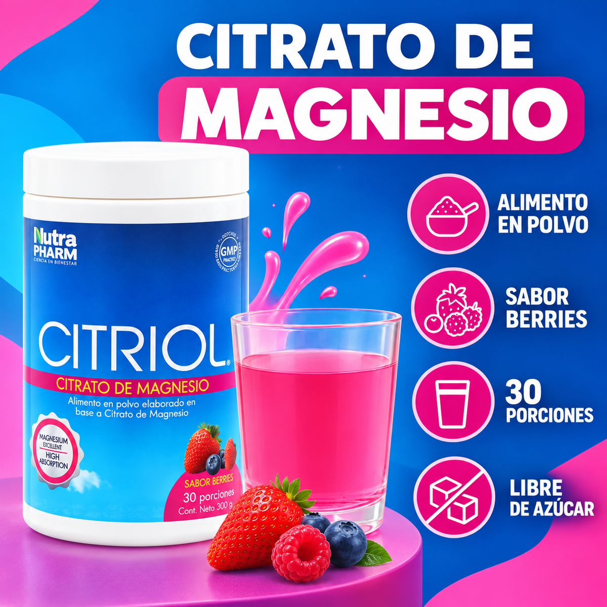 Citriol Citrato de Magnesio Nutrapharm en Polvo Sabor Berries 150 g
