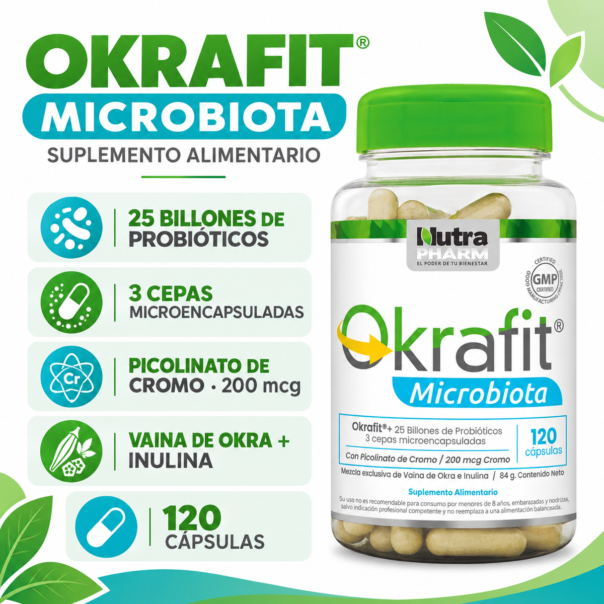 Quemador de Grasa Okrafit Microbiota Probiotix Nutrapharm 120 Cáps