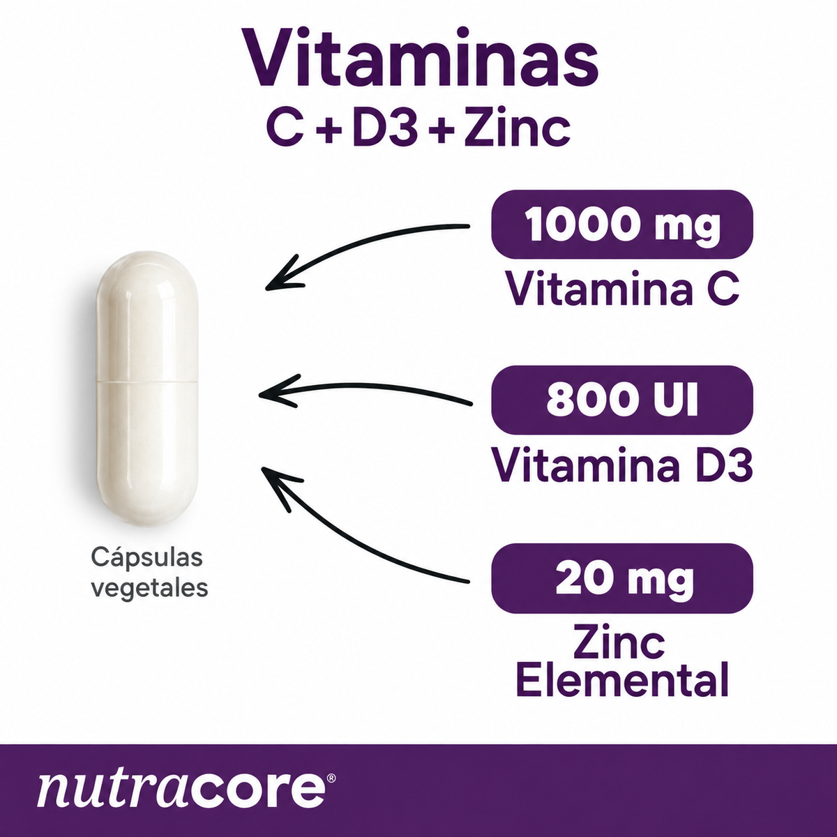 Vitamina C + D3 + Zinc Nutracore 90 Cáps