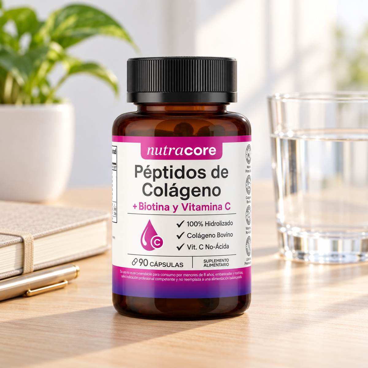 Péptidos de Colágeno con Biotina y Vitamina C Nutracore 90 Cáps