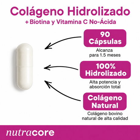 Péptidos de Colágeno con Biotina y Vitamina C Nutracore 90 Cáps