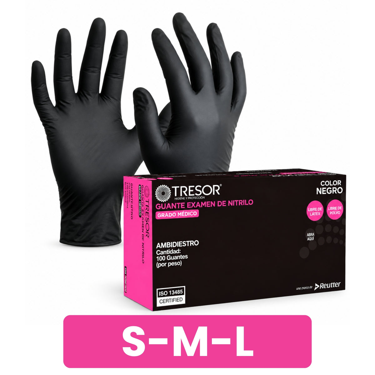 Guantes de Nitrilo Texturizados Tresor Negro Talla S-M-L 100 Un