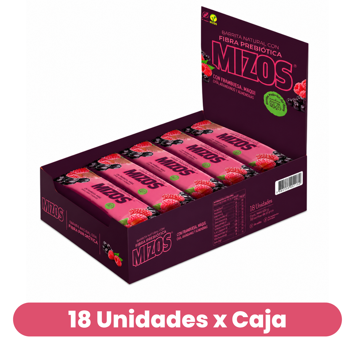 Barritas Mizos Fibra Prebiótica Frambuesa Y Maqui 18 Un de 35 g