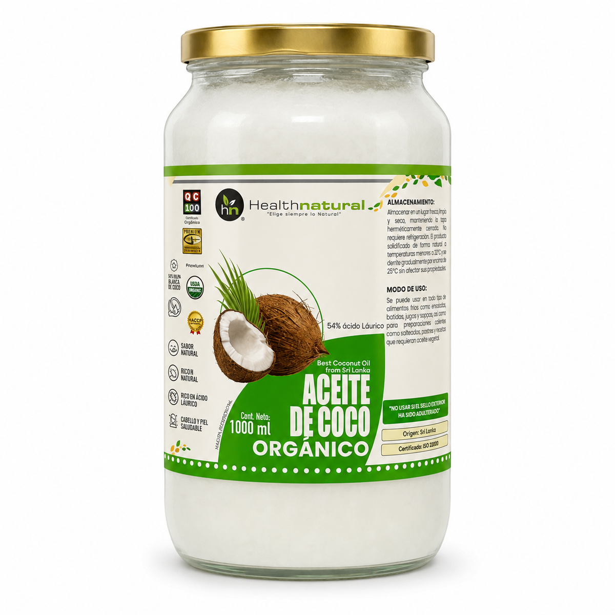 Aceite de Coco Orgánico Extra Virgen Health Natural 1 Litro
