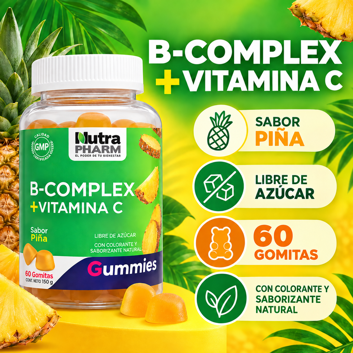 B-Complex + Vit C Gomitas Sabor Piña NutraPharm 60 Un