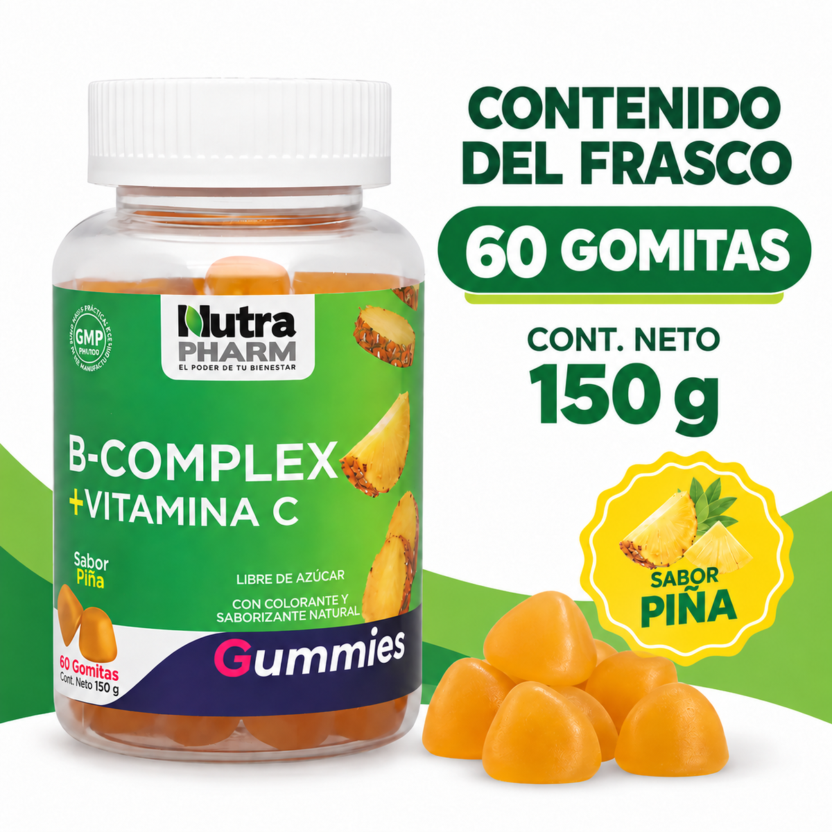 B-Complex + Vit C Gomitas Sabor Piña NutraPharm 60 Un
