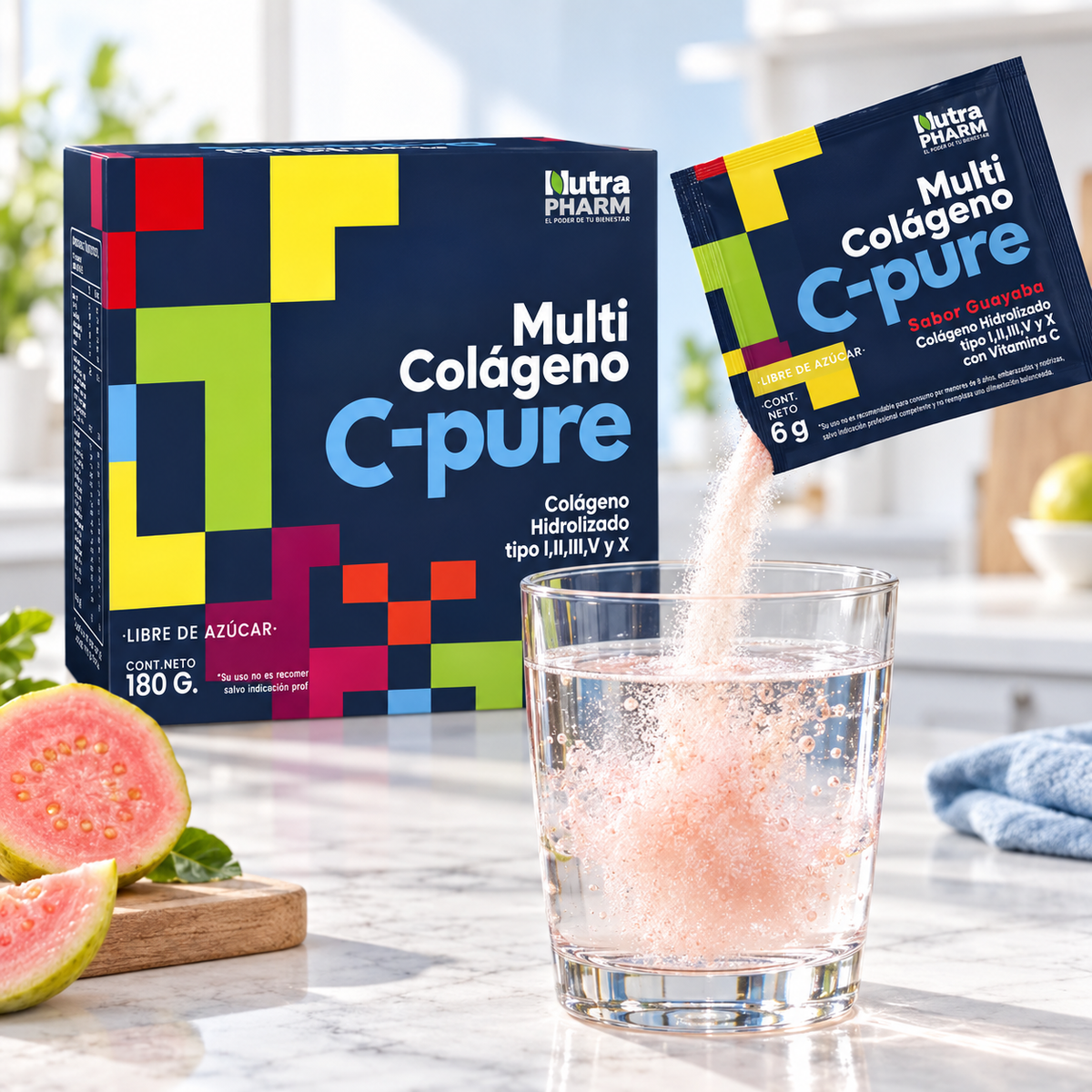 Multi Colágeno en Polvo C-PURE Sabor Guayaba NutraPharm 30 Sachets