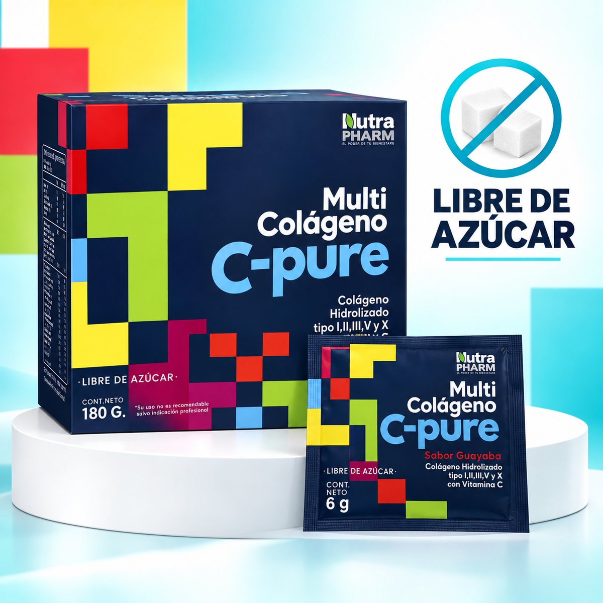 Multi Colágeno en Polvo C-PURE Sabor Guayaba NutraPharm 30 Sachets