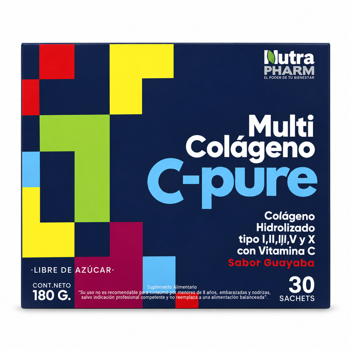 Multi Colágeno en Polvo C-PURE Sabor Guayaba NutraPharm 30 Sachets