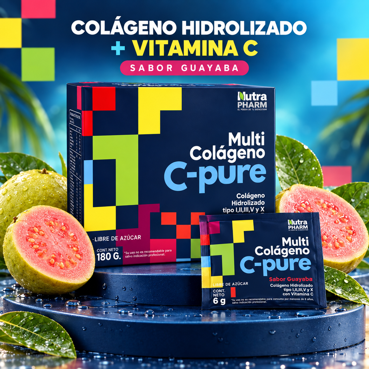 Multi Colágeno en Polvo C-PURE Sabor Guayaba NutraPharm 30 Sachets