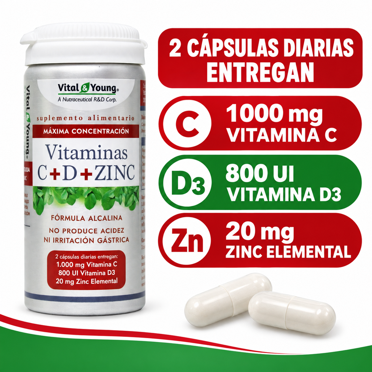 Vitamina C + D + Zinc Vital & Young 60 Cáps