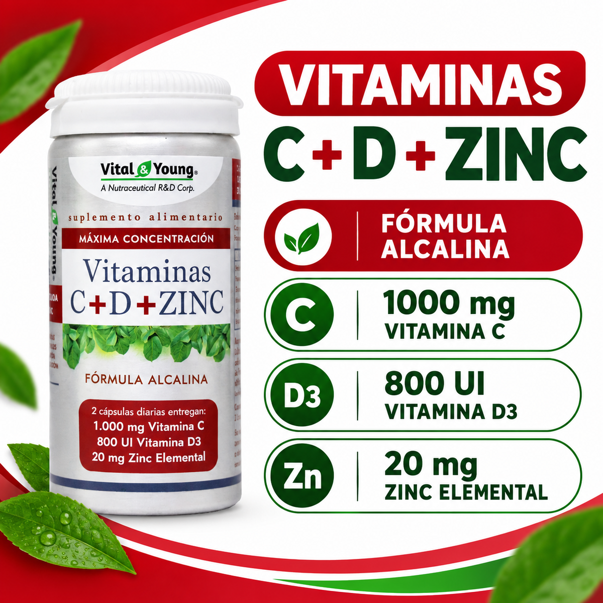 Vitamina C + D + Zinc Vital & Young 60 Cáps