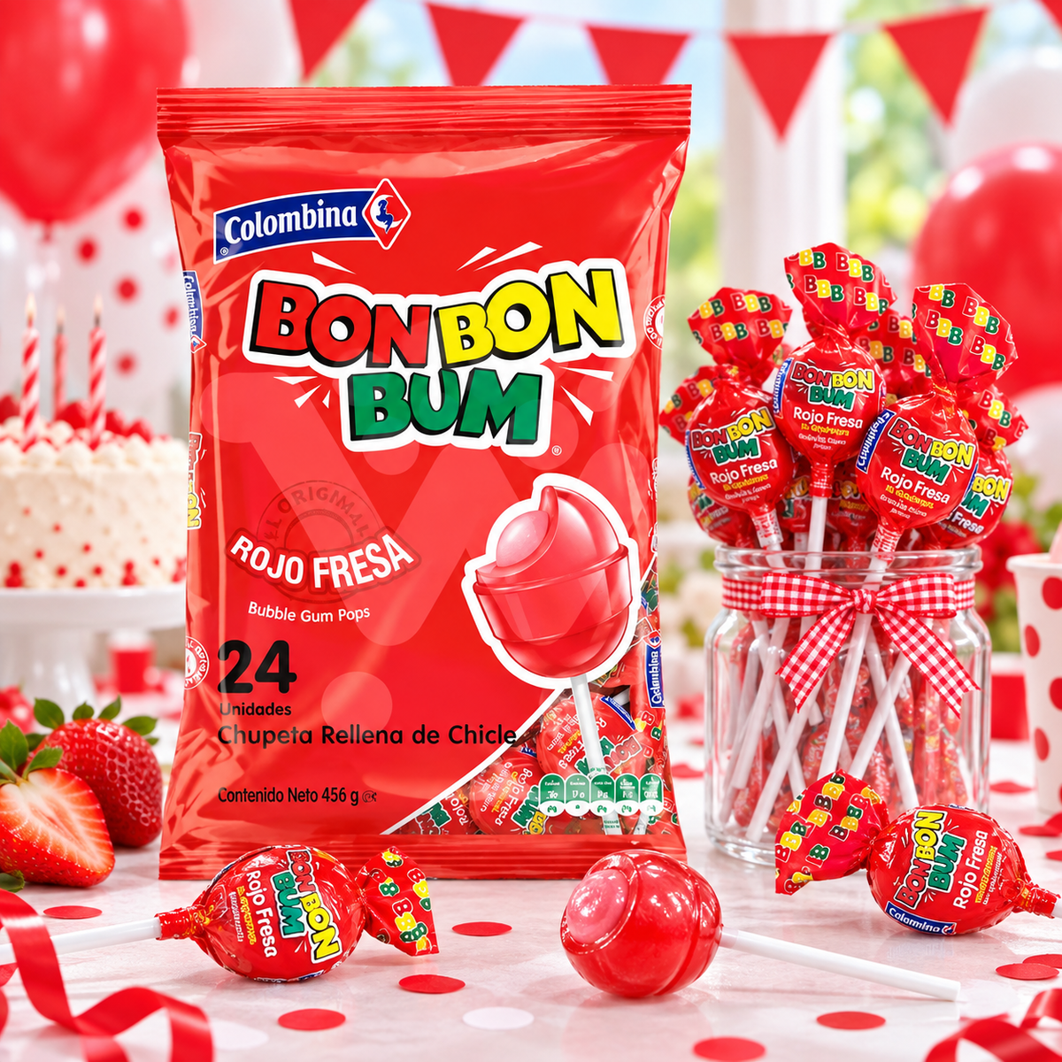 Chupete de Caramelo Bon Bon Bum Sabor Fresa Bolsa 24 Un