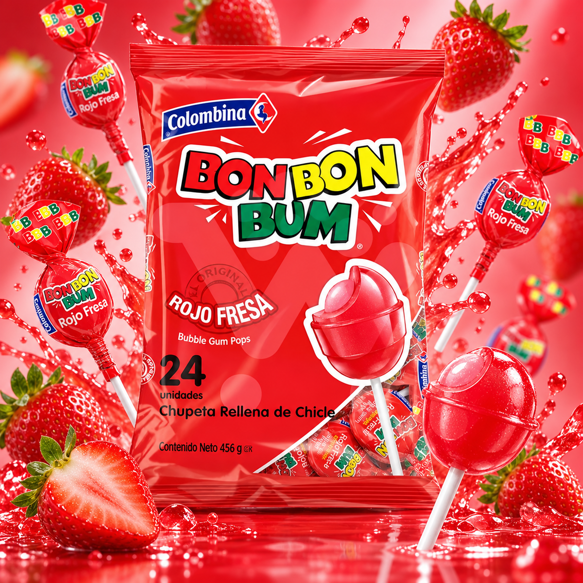 Chupete de Caramelo Bon Bon Bum Sabor Fresa Bolsa 24 Un