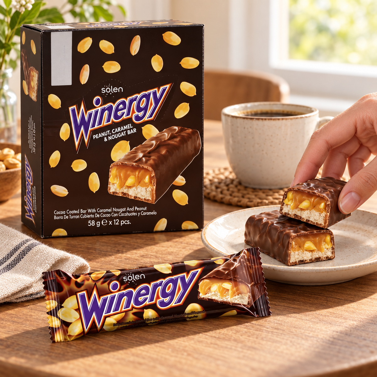 Barra de Chocolate Turrón Maní y Caramelo Winergy Caja 12 un.