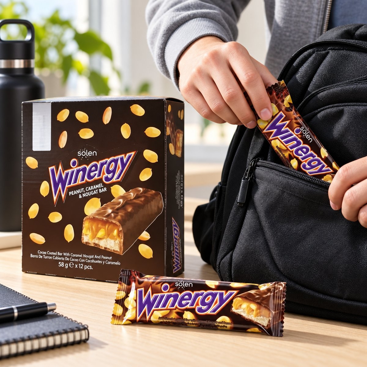 Barra de Chocolate Turrón Maní y Caramelo Winergy Caja 12 un.
