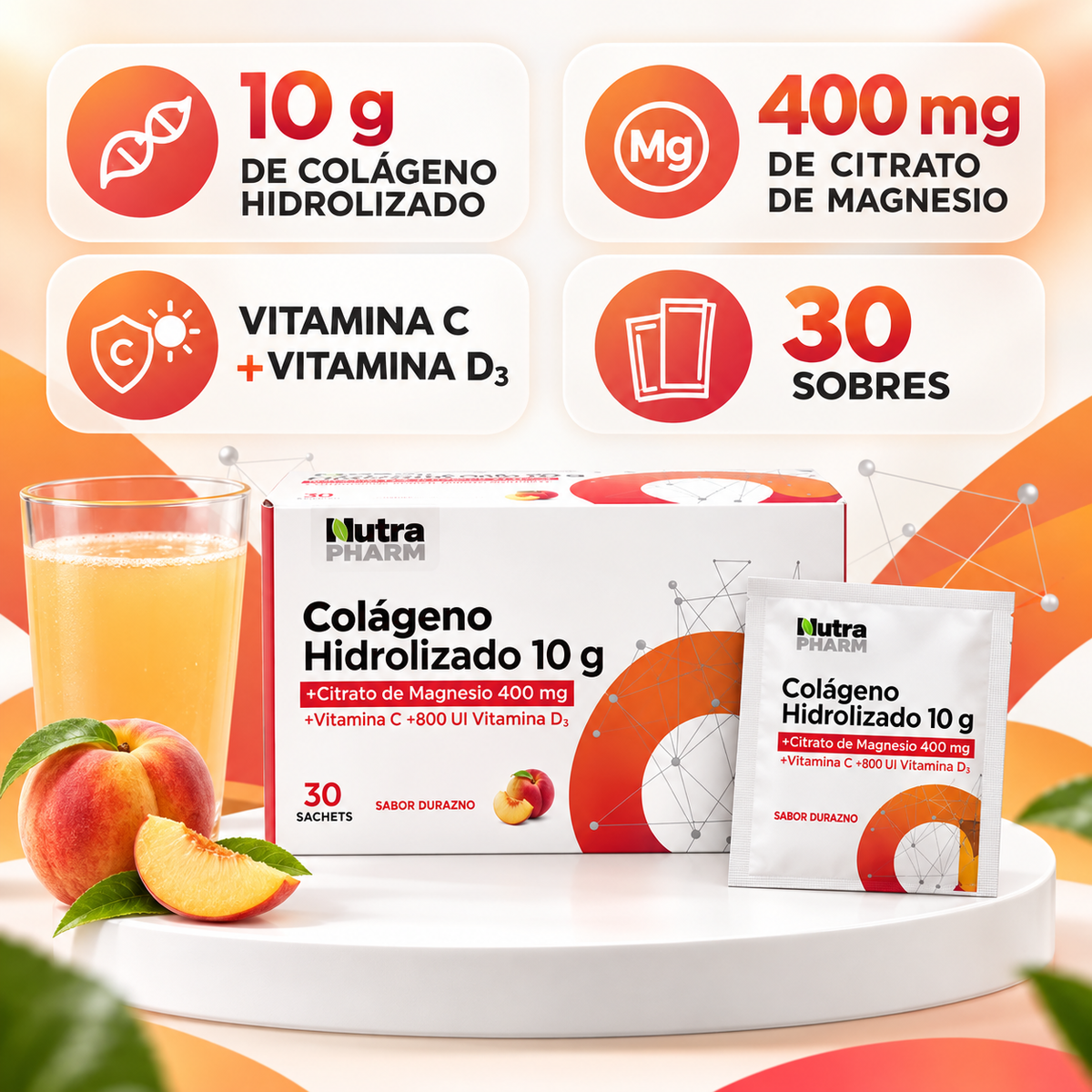 Colágeno Hidrolizado Nutrapharm Durazno 30 Sobres