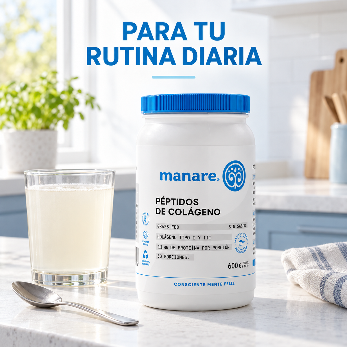 Péptidos de Colágeno en Polvo Manare Sin Sabor 600 g